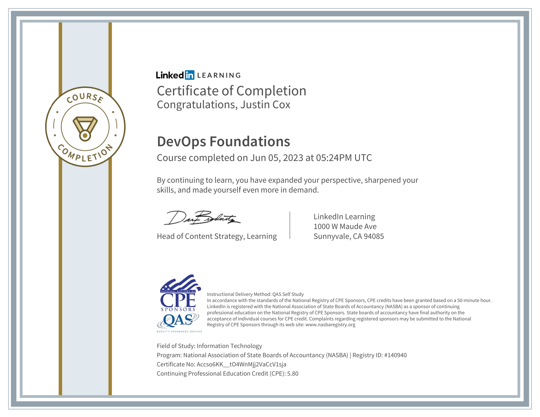 DevOps Foundations certificate preview