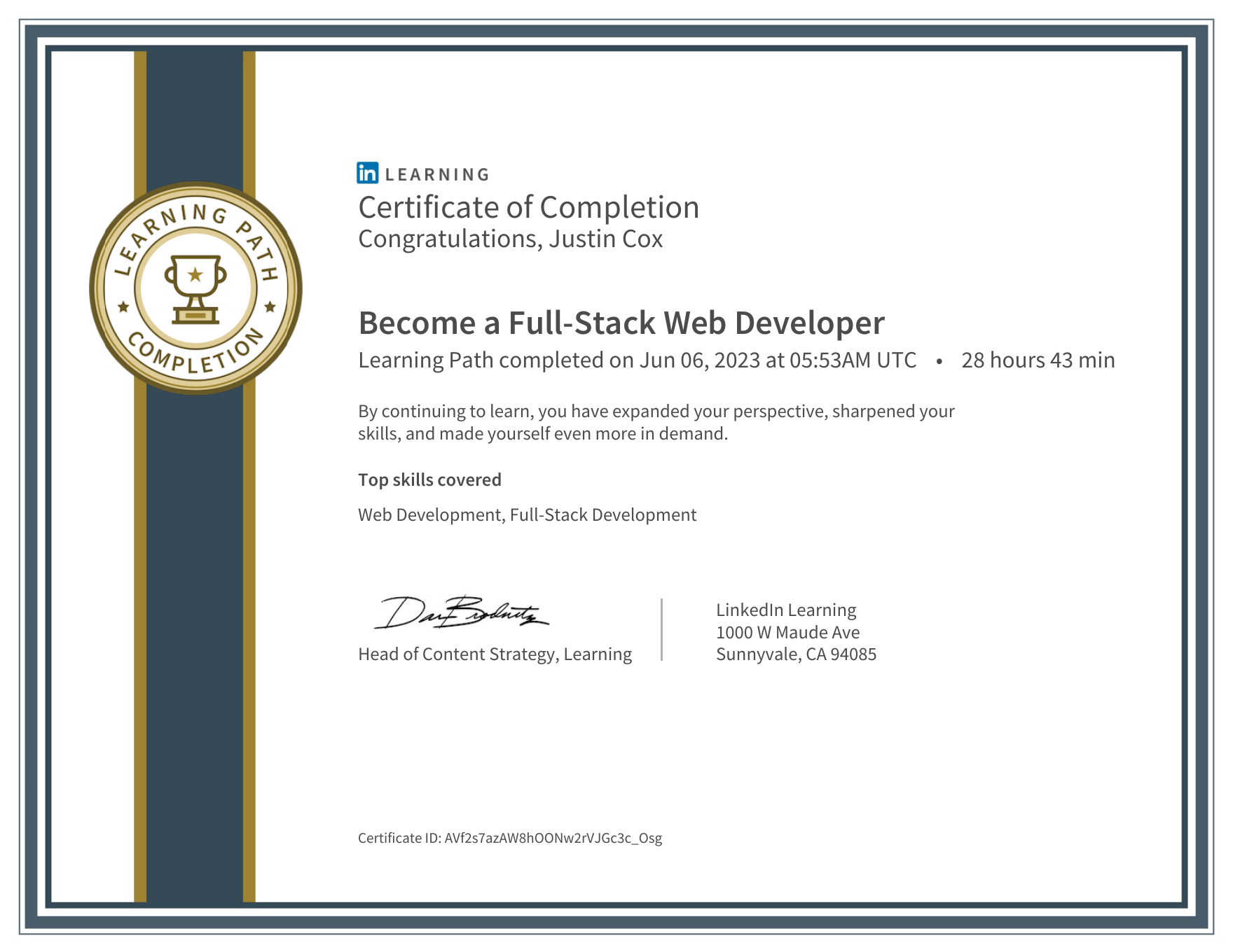 Become a Full-Stack Web Developer certificate preview