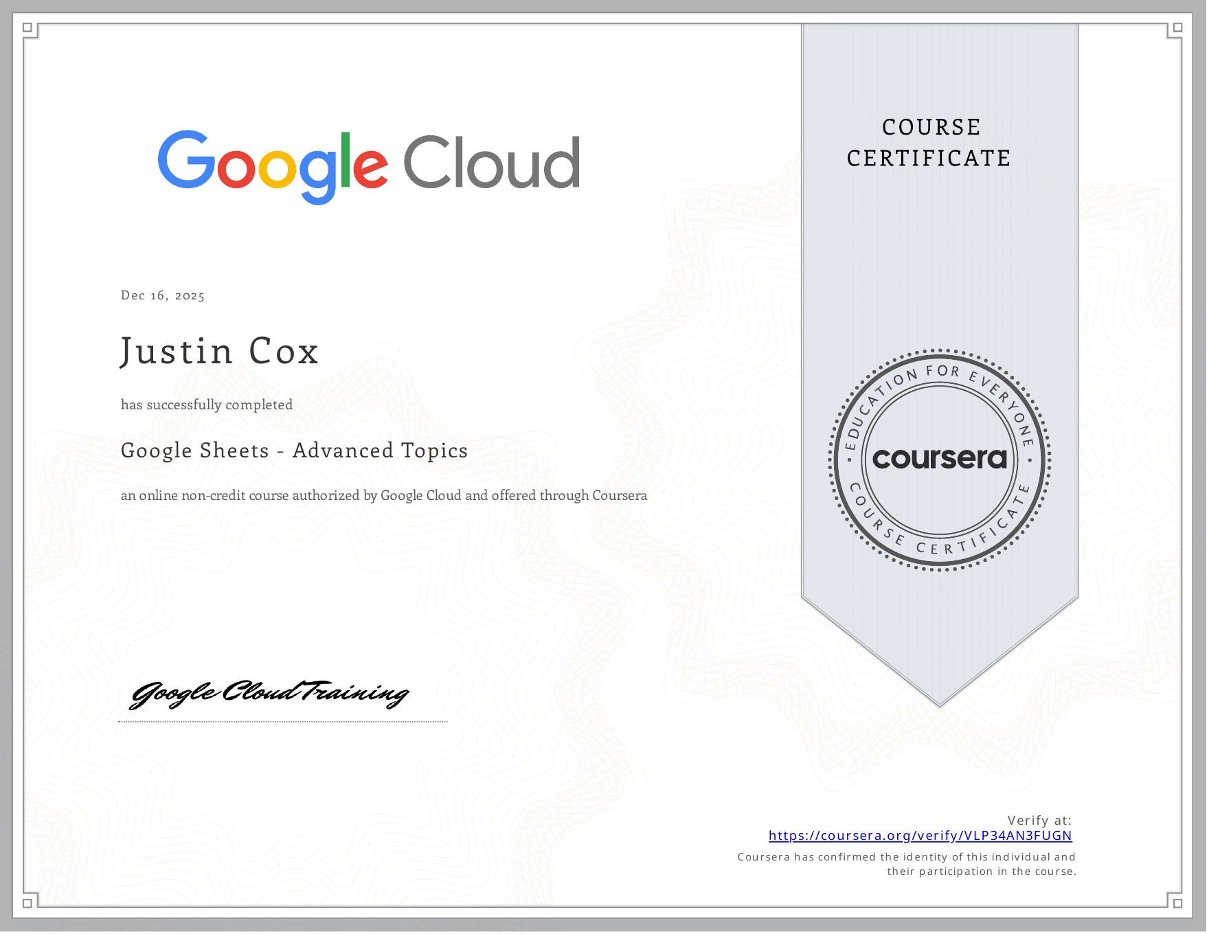 Google Sheets — Advanced Topics certificate preview
