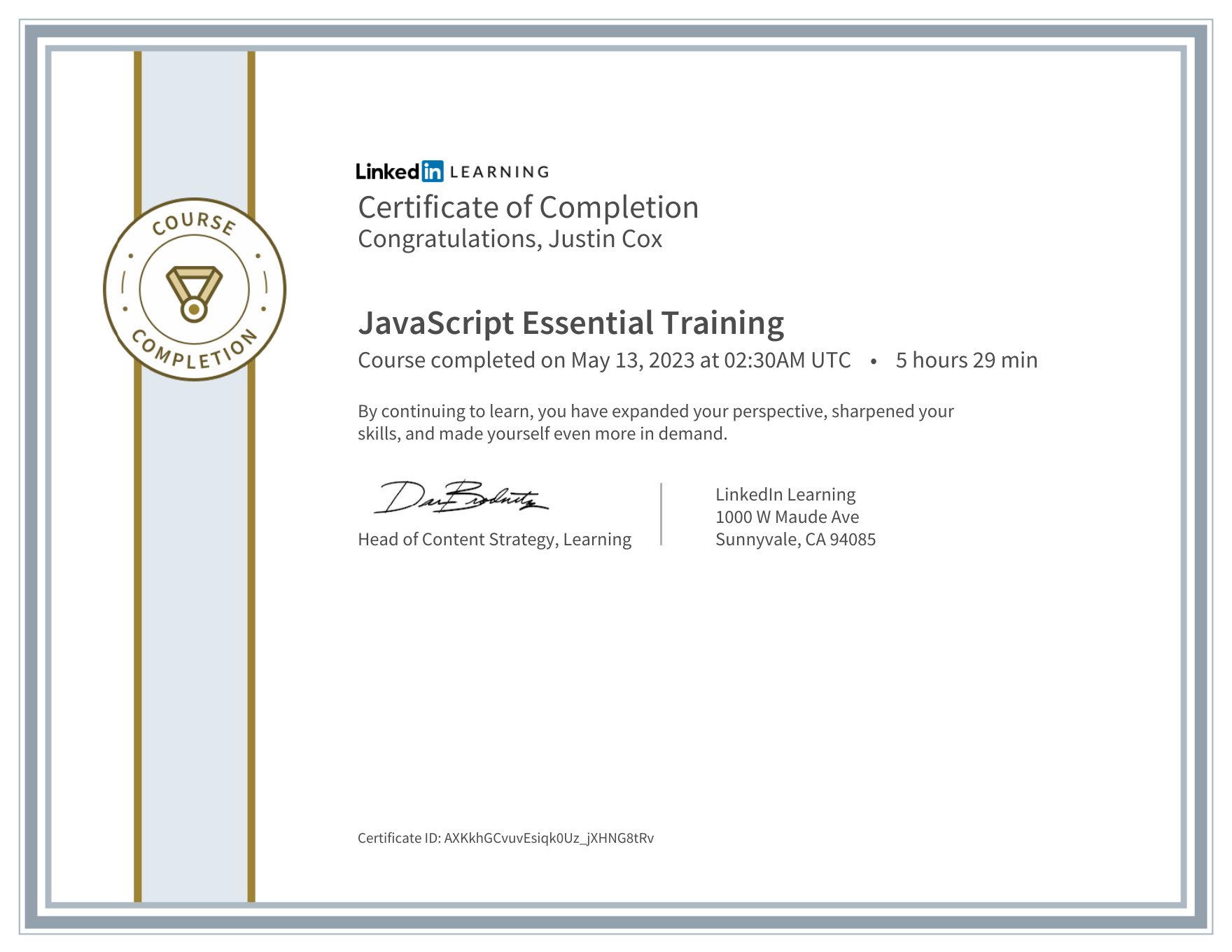 JavaScript Essential Training certificate preview