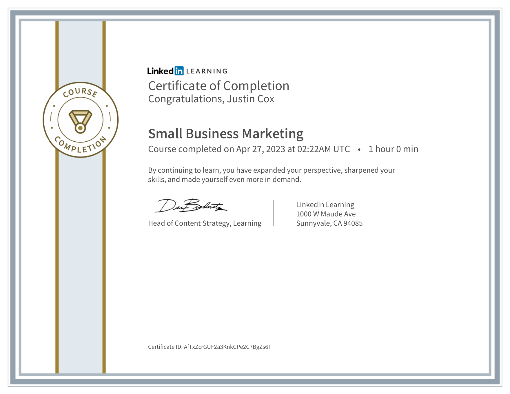 Small Business Marketing certificate preview