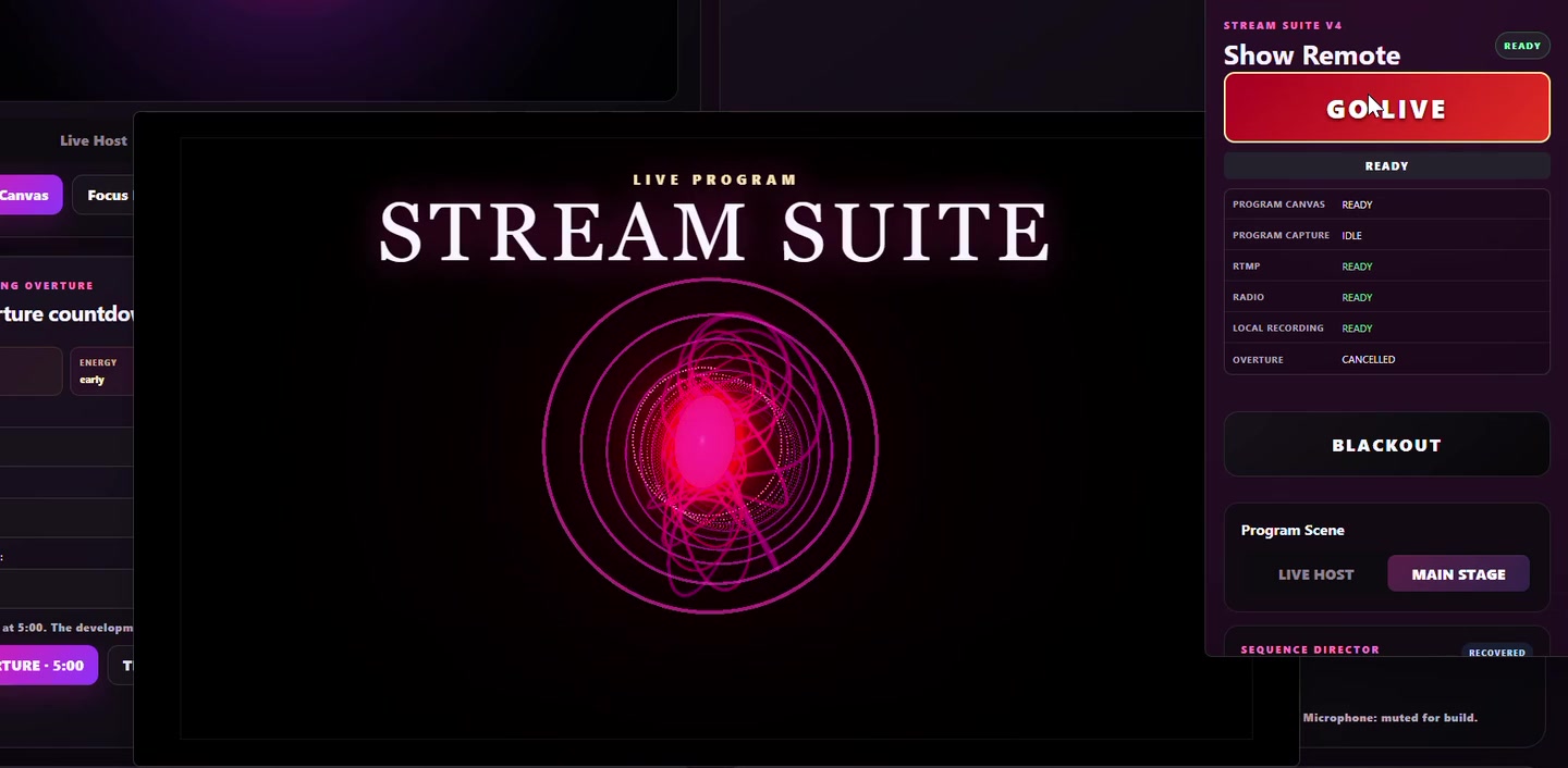 Stream Suite V4 desktop application with a live Program visualizer and Show Remote broadcast controls